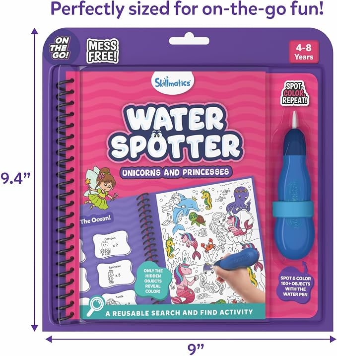 Skillmatics Water Spotter Unicorns & Princesses, Travel Toy, Activity Book | Paint with Water Kit, Kindergarten Coloring Book, Screen-Free Fun, Mess-Free, Gift for Kids, Boys & Girls Ages 4, 5, 6, 7, 8