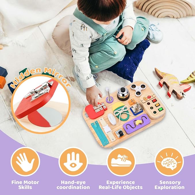 Potatomato Montessori Busy Board - Wooden Sensory Toys for Toddlers -Activity Board Toys for Fine Motor Skills - Educational Fidget Toys for Boy & Girl - Birthday Gifts for 3 4 Years