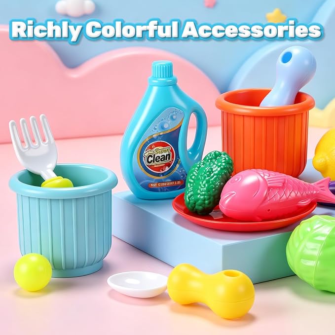 CUTE STONE Play Sink with Running Water, Kitchen Sink Toy with Upgraded Electric Pump, Play Food & Tableware Accessories, Summer Outdoor Sensory Water Table Toy for Toddlers & Kids