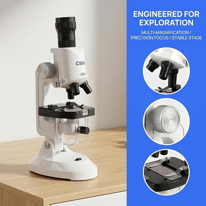 Kids Microscope Kit with LED Light - 100X/400X/1200X Magnification for STEM Learning, 12 Prepared Slides, Easy-to-Use Science Learning Kit (Ages 5-12) - White