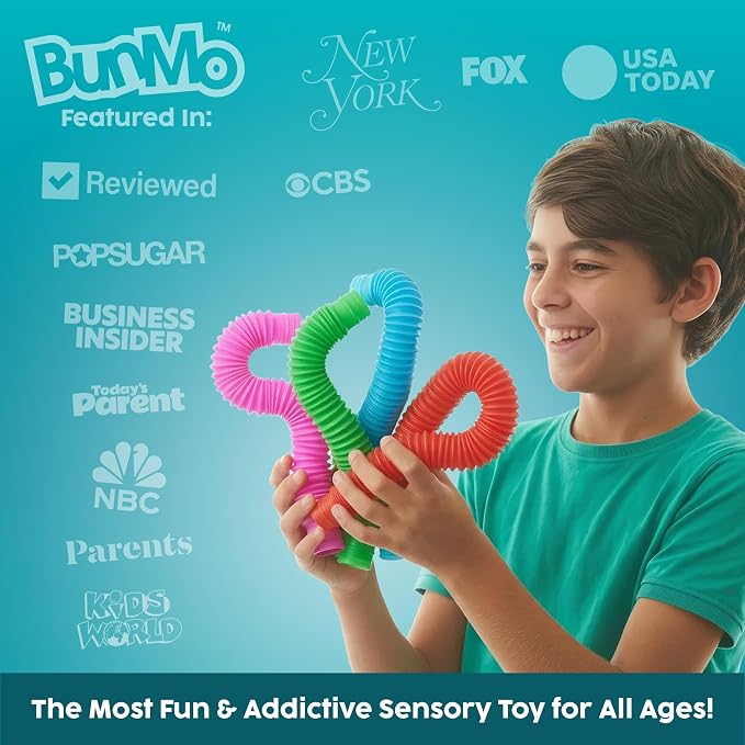 BUNMO Pop Tubes - Sensory Toys - Fidget Toys - Imaginative Play & Stimulating Creative Learning - Hours of Fun for Kids - Tons of Ways to Play - Non-Mouthable Toy 3+ - 8 Pack Large