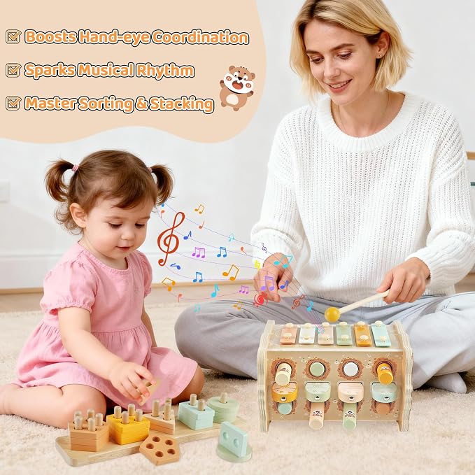 Montessori Wooden Toys for Toddler, Pounding Hammer, Car Ramp, Shape Sorter | Xylophone, magnetic fishing game, rotating gears, fine motor play, hand-eye coordination, birthday gifts for boys and girls