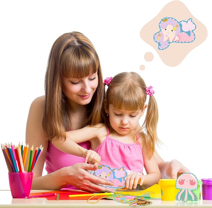 10 Pcs Kids Lacing Cards Double Sided Animal Sewing Cards Kits 10 Styles Lacing Toy Crafts for Toddler Ages 6+ Developing Imagination Preschool Learning Activity Supplies(Mermaid Style)