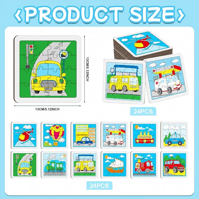 Cinrobiye 24 Pcs Transportation Coloring Puzzle Craft Kit, DIY Traffic Vehicle Jigsaw Puzzles Bulk with 12 Designs, Construction Truck Party Favors, Classroom Art Activities