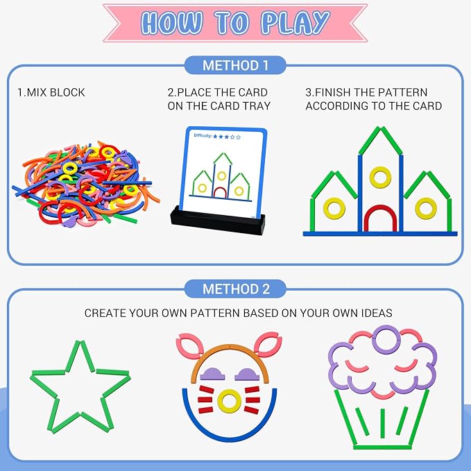 Pattern Blocks Puzzle STEM Toys for Creative Learning Sticks Shape Building Blocks Educational Resources Brain Teaser Montessori Toys (176PCS)
