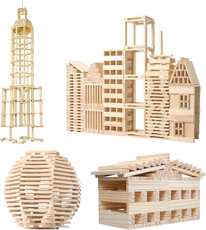 Wooden Building Blocks 100PCS Montessori STEM Toy for Kids, Solid Natural Pine Wood, Creative Shapes for 3D Space Stacking Games and Sensory Play, Stacking Blocks