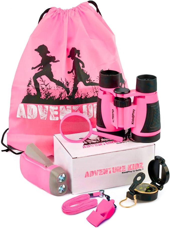 Adventure Kidz Pink Outdoor Exploration Kit for Children | Binoculars with Case, Flashlight, Compass, Fox Whistle, Magnifying Glass, Backpack