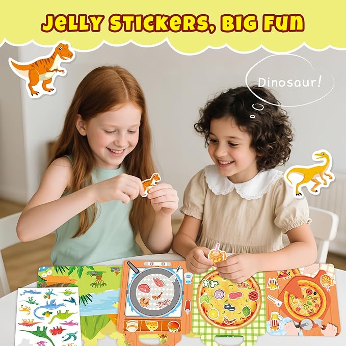 Sticker Books for Toddlers 2-4 Years, Travel Sticker Book with Washable Jelly Stickers, Foldable Carry Handle Quiet Toy, 5 Theme Scenes for Kids 3-5, Dinosaur+Space+Ocean+Fairy Tale+Pizza