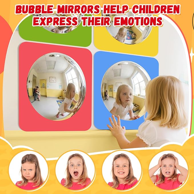 Geiserailie 4 Pcs Sensory Wall Bubble Mirrors, 6 x 6 Inch, CPC Certified | Colorful Acrylic Convex Mirrors, Sensory Room Must Haves, Classroom Learning Tool, Calming Corner, Preschool Activity