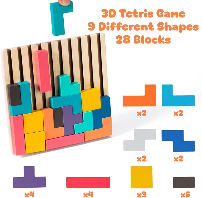 Wooden Colored 3D Russian Block Puzzle Travel Toy, Montessori Educational Gift for Kids Ages 3–6 with 28 Wood Blocks & Storage Bag, Wooden Stacking Puzzle Toy (Travel Size)