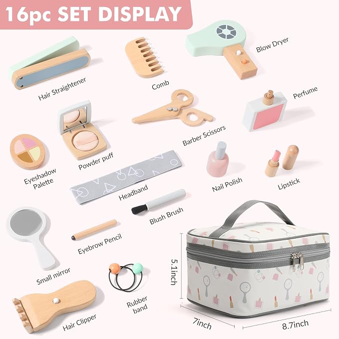 Wooden Makeup Toy Set for Girls 16PC | Pretend Play, Beauty Salon Toys, Toddler, Wood