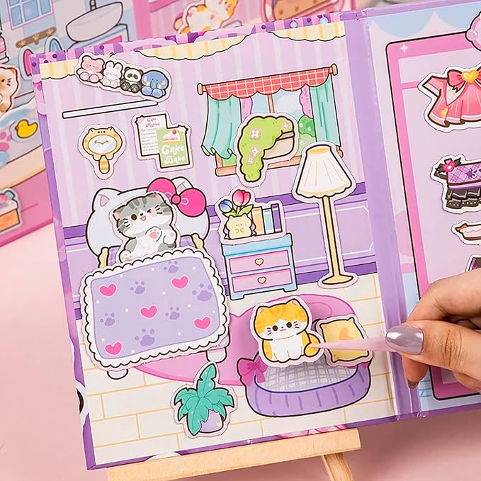 Cat Theme DIY Pre-Cut Sticker Quiet Book with 6 Pages of Background Scenes, Reusable Pretend Play Activity Book for Girls Birthday Gift, Pink