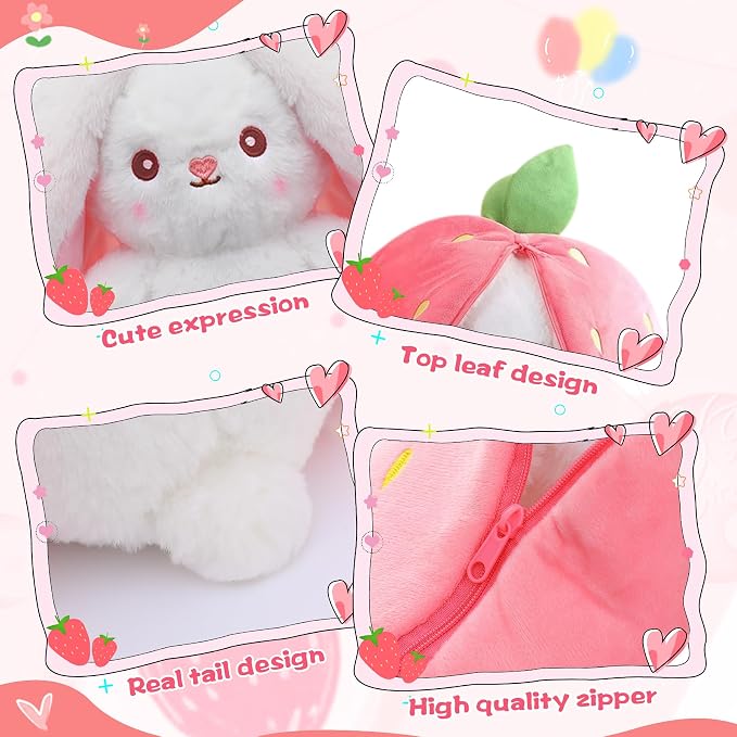 MIAODAM 13.7" Large Bunny Stuffed Animal,Squishy Cute Bunny Plush Toy | Reversible Transformable Strawberry Fruit Doll, Funny Christmas/Easter Plushies Gift for Kids & Girlfriend