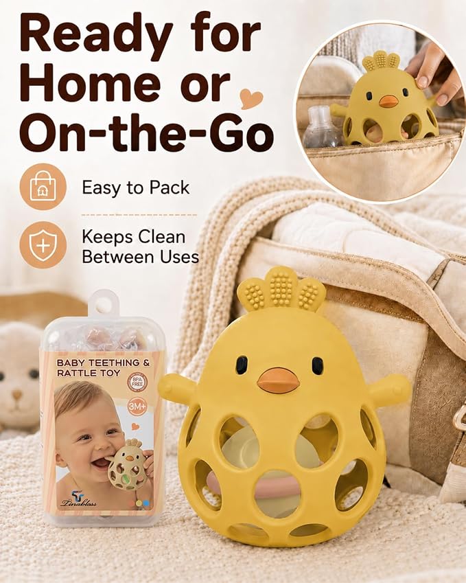 Tinabless 2-in-1 Baby Teether Rattle Toy, Easy Grip Silicone Teething Toy for Babies 3-12 Months, BPA-Free Sensory Chew Toy for Sore Gums, Infant Shower Gift (Yellow w/Rattle)