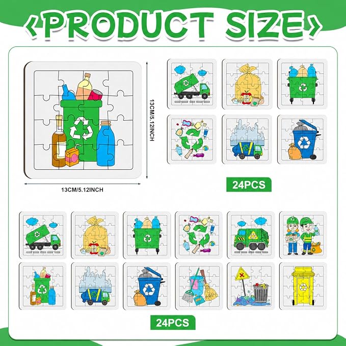 Cinrobiye 24PCS Garbage Truck Coloring Jigsaw Craft Kit for Kids, DIY Recycling Vehicle Activity Set Bulk with 12 Designs, Trash Day Birthday Party Favors, Classroom Learning Projects