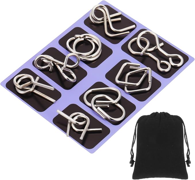 Metal Wire Puzzle Set of 8 with Pouch, Brain Teaser Puzzles IQ Test Ring Disentanglement Unlock Interlock Game Trick Metal for Party Favor Challenge(D Style)