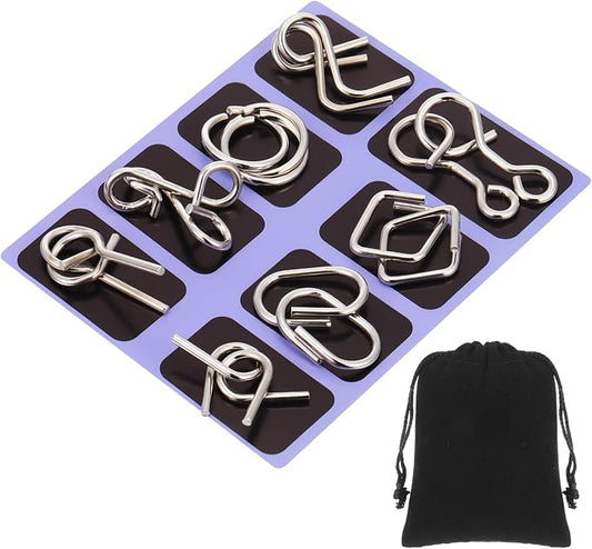 Metal Wire Puzzle Set of 8 with Pouch, Brain Teaser Puzzles IQ Test Ring Disentanglement Unlock Interlock Game Trick Metal for Party Favor Challenge(D Style)