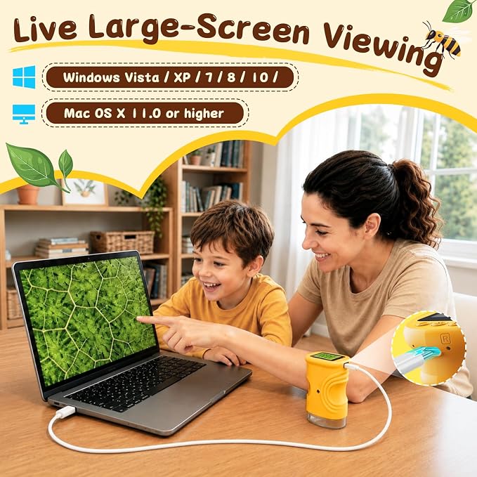 SEEKID Microscope for Kids 200-1000X, STEM Toy Science Kit for Kid(Yellow) | Handheld Digital Microscope, 2" IPS Screen, 4K HD Camera 200+ Photo Storage for Girls Boys Child Birthday Gifts