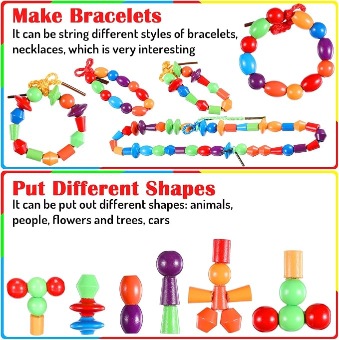 Shappy 324 Pcs Wooden Lacing Beads for Wooden String Beads Threading Toys Montessori Lacing Toys Fine Motor Skills Developmental Educational Plaything Sensory Occupational Activities Autism OT