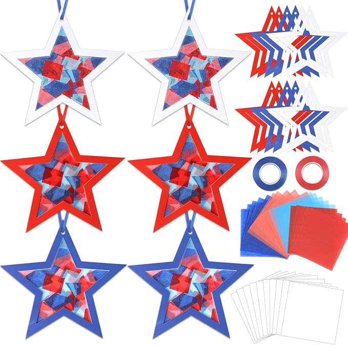 Qyeahkj 36 Set 4th of July Suncatchers Crafts for DIY Patriotic Star Window Tissue Paper Craft Kit Star Hanging Decor for Patriotic Home Activity Art Project Birthday Party Favor Gift
