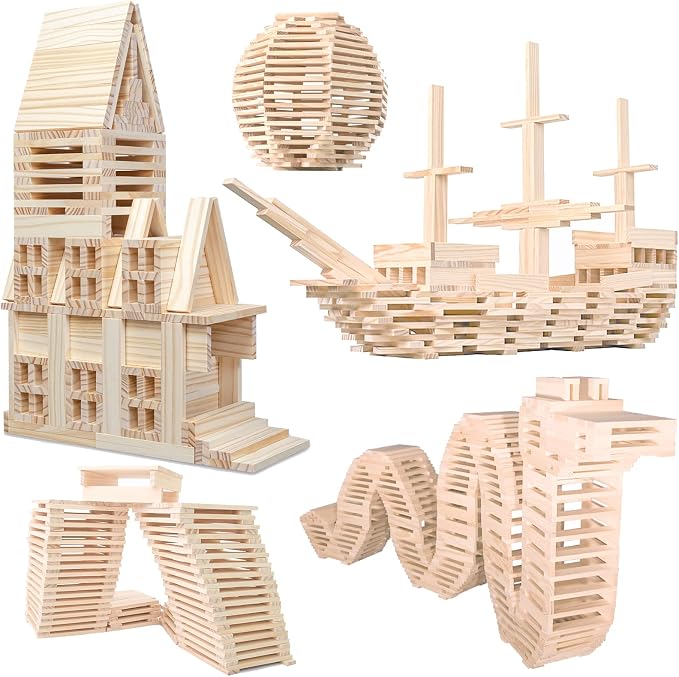 Wooden Building Blocks 100PCS Montessori STEM Toy for Kids, Solid Natural Pine Wood, Creative Shapes for 3D Space Stacking Games and Sensory Play, Stacking Blocks