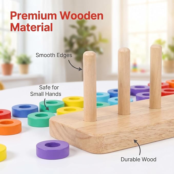 Color Sorting & Stacking Game with Challenge Cards for Kids, Wooden Color Matching Game with 40 Patterns(Easy & Hard), Fine Motor Skills Learning Montessori Toy, Preschool Educational Gift for Kids