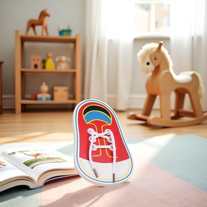 Junfamilee 1Pc Red Shoes Learning Toy Learn to Tie Your Own for Practical Learning Toys for Young Children Training Board Toddler Early Wooden Threading Lacing Shoes，Arts and Crafts