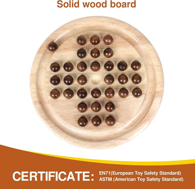 Gothink Solid Wood Solitaire Game, Classic Handcrafted 9'' Wooden Solitaire Board, 33 Smooth Wooden Balls, Single Strategic Mind Game for Kids and Adults