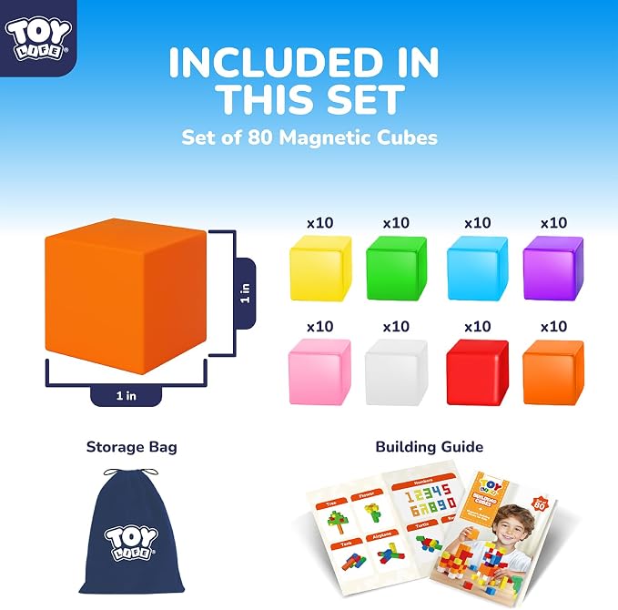 TOY Life Primary Magnetic Blocks, 80-Piece STEM Set, Ages 3-8 | bright ABS cubes, storage bag and idea guide, strong connections, creative play