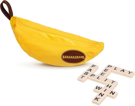 Bananagrams Classic Word Game, 144 Tiles in Banana Pouch, Travel Game | Fast-paced spelling & anagram game for 1-8 players; portable pouch, educational wordplay for kids and adults ages 7+
