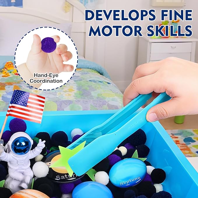 Space Sensory Bin for Toddlers, No-Mess Pom Poms Activity Kit | Galaxy Adventure Play Kit with Astronauts, Aliens, Planets & Star Map, Fine Motor Activity Gift for Preschool Kids Ages 3-6