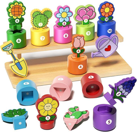 GJZZ Montessori Shape Color Sorting Toys, Flower Garden Wooden Set | Learning, Number Cognition, Fine Motor Skills, Role Play for 2 Year Old Girl
