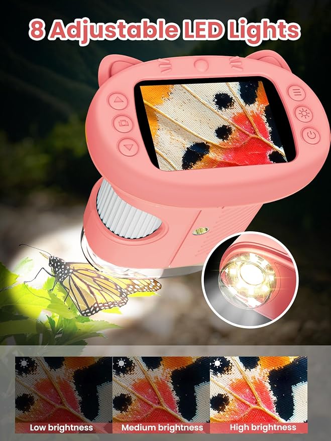 Microscope for Kids, 2.4 Inch Digital Microscope with 1000X Magnification, Handheld Camera Mini Pocket Magnifying Glass, Educational Birthday Gifts Toys for Ages 3+, Pink