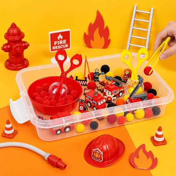Cinrobiye 138Pcs Firefighter Sensory Bin Fillers Set, Fire Truck Rescue Theme Kit with Fire Station, Rescue Vehicle, Traffic Barrier, Storage Box for Scene Setup, Classroom Activities Creative Project