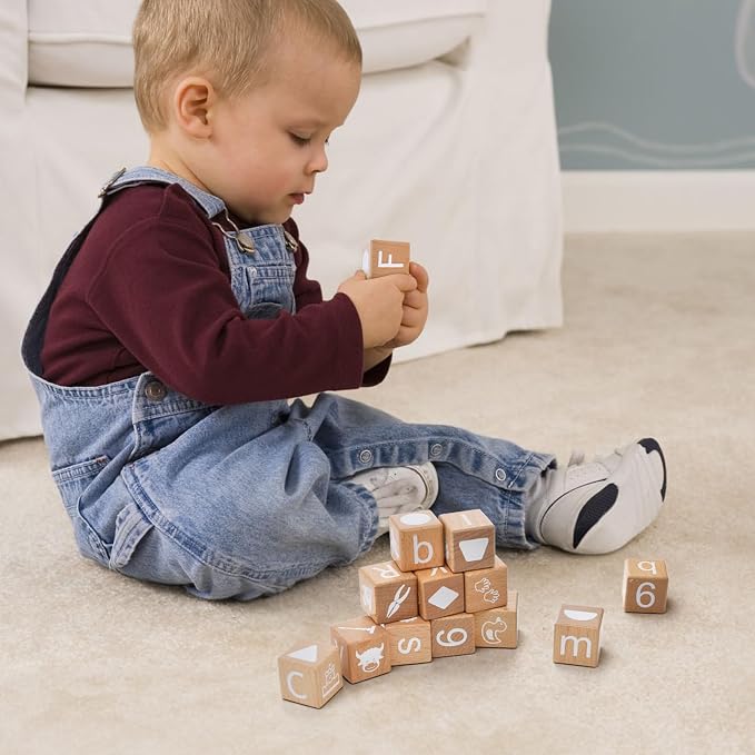 Peohud 26 PCS Wooden Alphabet Blocks, Cute ABC Building Blocks for Kids, Number Stacking Blocks, Preschool Educational Learning Toys with Shapes Objects on Every Side for Boys Girls