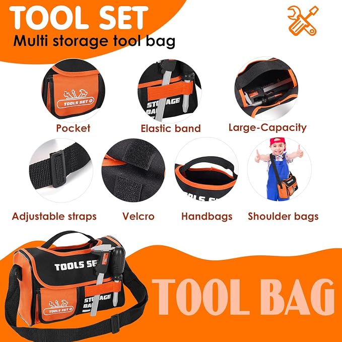 Kids Tool Set- 48PCS Tool Set Toys with Electronic Toy Drill, Tool Bag&Tool Belt&Tape Measure, Pretend Play Kids Construction Tool Kits Toy for Boys, Kids Birthday Gift for Boys Girls Ages 3+