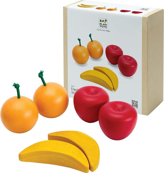 PlanToys® Wooden Fresh Produce Set Apples, Oranges & Bananas Sliceable Kids | slicing, fruit basket, pretend food, fruits and vegetables toys, girls, boys, fine motor role play imaginative social gift