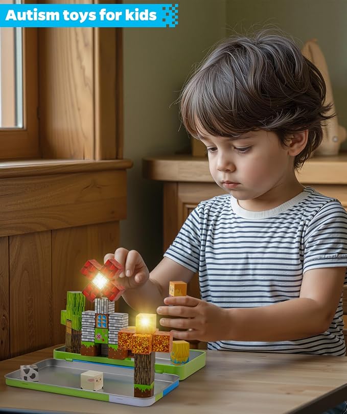 Magnetic Blocks 45 pcs Travel Toys with Light-Up Cube, Forest | Travel Essentials for Airplane, Road Trip & Camping, Gift for 3-8 Year Old Boys & Girl, STEM Learning Toy for Toddlers & Kids