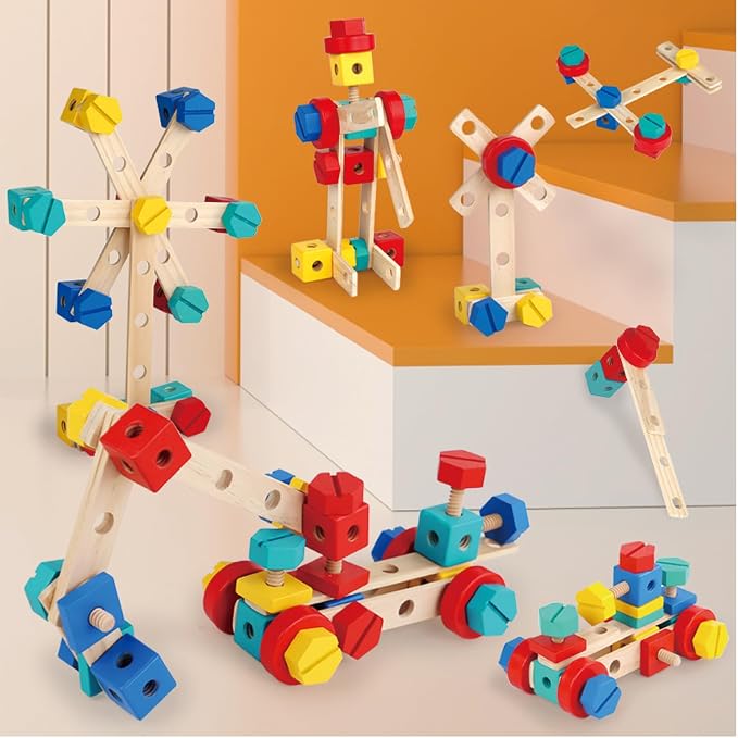 LOVELAND Wooden Take-Apart STEM Toy, 43-Piece Nut & Bolt Construction Set with Wooden Screwdriver & Wrench, Build Airplanes Helicopters Race Cars, Montessori Engineering Gift Ages 3-5