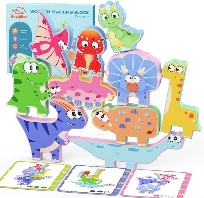 Zeoddler Montessori Toys for Toddlers, 10 Pack Wooden Dinosaur Stacking Blocks, Sorting & Stacking Preschool Learning Activities, Gift for Boys, Girls