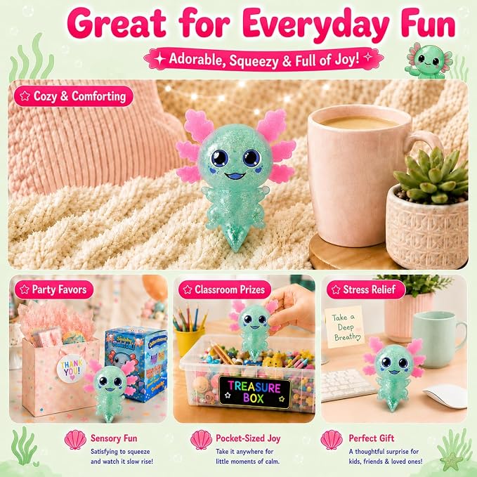 Axolotl Squishy Stress Ball, Soft TPR Slow Rising Squeeze Toy, Cute Axolotl Fidget Toy for Stress Relief, Anxiety Calming Sensory Toy for Kids Adults(Green BigEars Axolotl)
