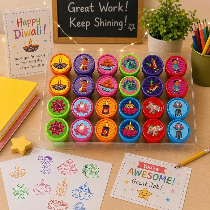 Cinrobiye 24 Pcs Diwali Stampers Party Favor Set, Cute Festival of Lights Stamps for Kids Diwali Celebration, Classroom Rewards, Cultural Party Supplies, Goody Bag Fillers, Holiday Party Favors