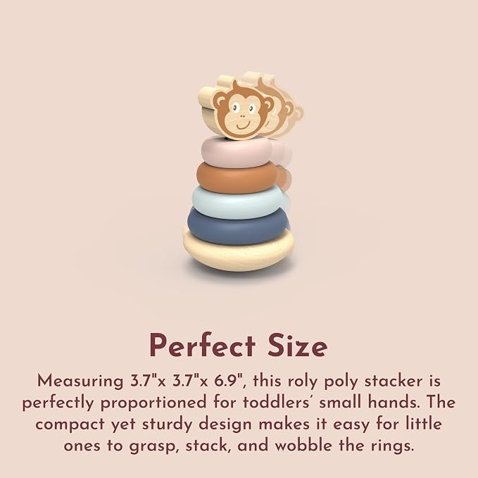 Roly Poly Stacker Toy for Toddlers Wobble Base FSC Wood | colorful rings, wobble base, FSC wood, ring stacker toy, sorting & stacking toys, toddler girl toys, sensory fine motor play
