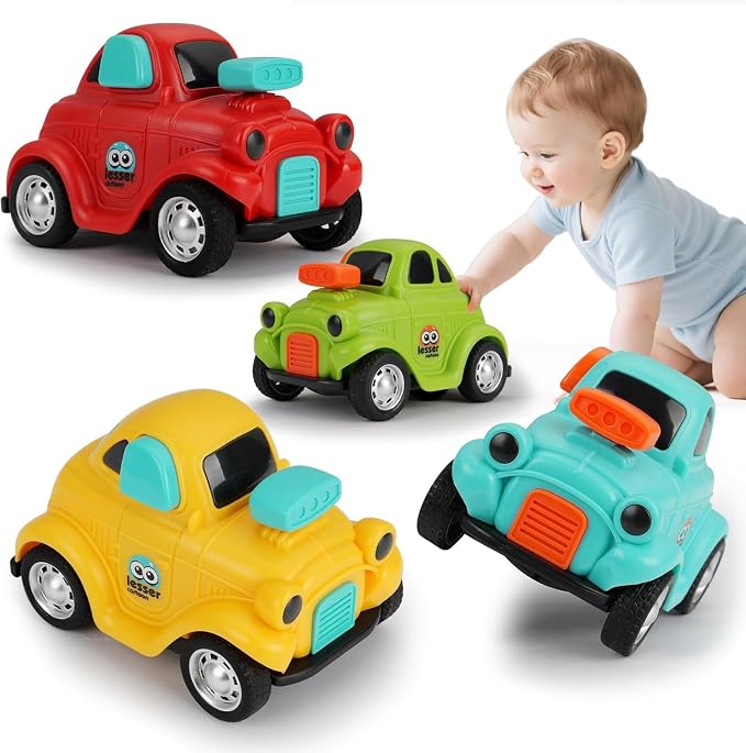 Inertial Push and Go Cartoon Car Toys for Toddlers Baby | Friction Powered Race Vehicles for Kids, 1st Birthday Gift for Boy Girl