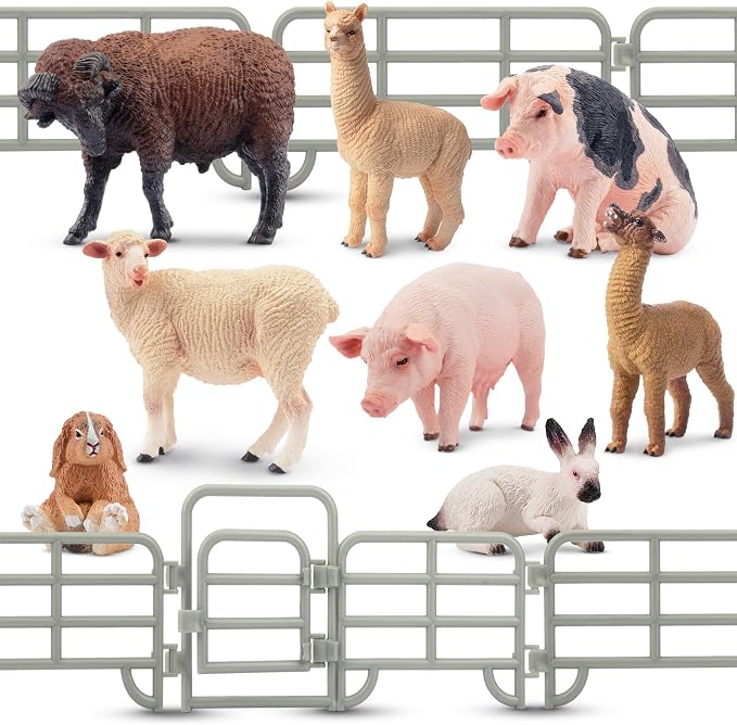 Toymany Realistic 17PCS Farm Animal Figurines Set with Fence, Includes Pigs, Sheeps, Alpaca and Rabbits Figures, Educational Toy Easter Bunny Figures Cake Toppers Birthday Gift for Kids Toddlers