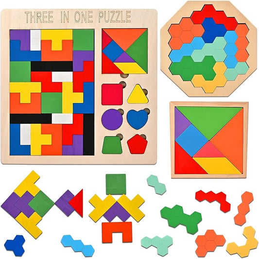 3 PCS Wooden Block Puzzle, Brain Teaser Puzzles for Kids & Adults | Wooden Puzzle Toys with 3-in-1 Russian Blocks Puzzle, Octagon Puzzle, Tangram Puzzles, Montessori STEM Educational Gift Toys