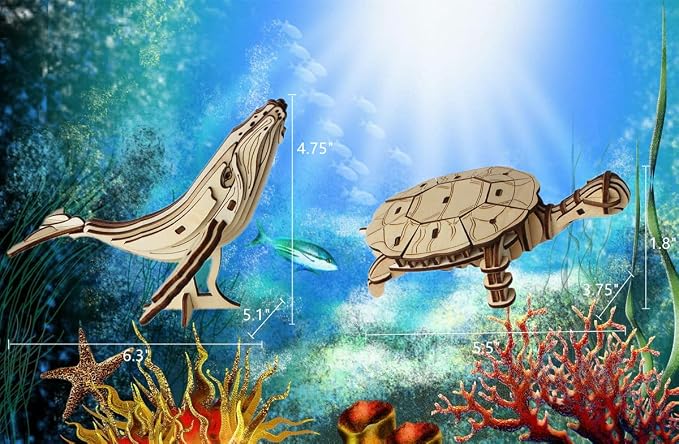 3D Wooden Sea Animal Puzzle, 6 Piece Set Wood Sea Animals Skeleton DIY Assembly Model Kits, Wooden Crafts Brain Teaser Puzzle, STEM Gifts for Adults & Teens Birthday Gifts Xmas