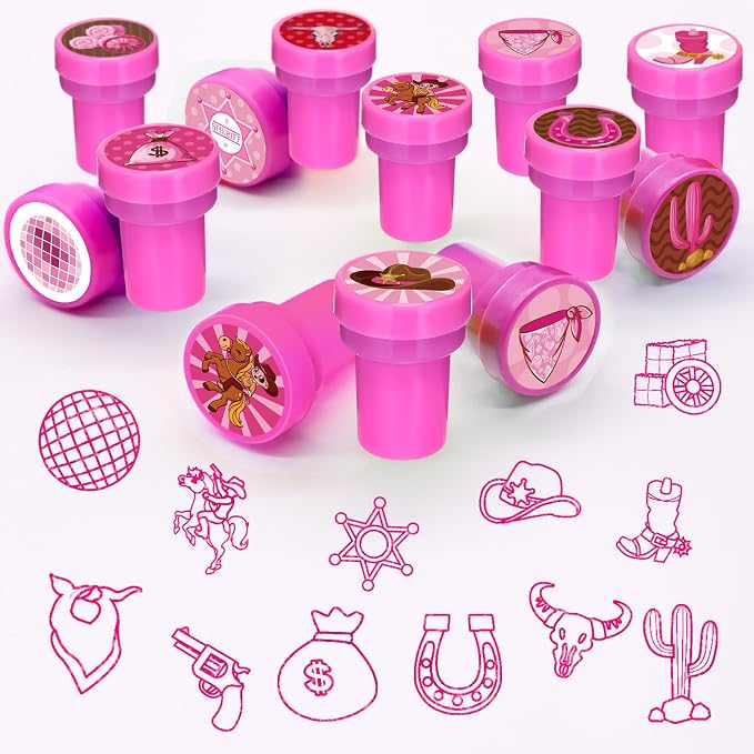 Cinrobiye 24 Pcs Pink Western Cowgirl Stampers Party Favor Set, Cute Cowboy Cowgirl Stamps for Kids Birthday Party, Classroom Rewards, Carnival Prizes, Goody Bag Fillers, Western Rodeo Party Supplies