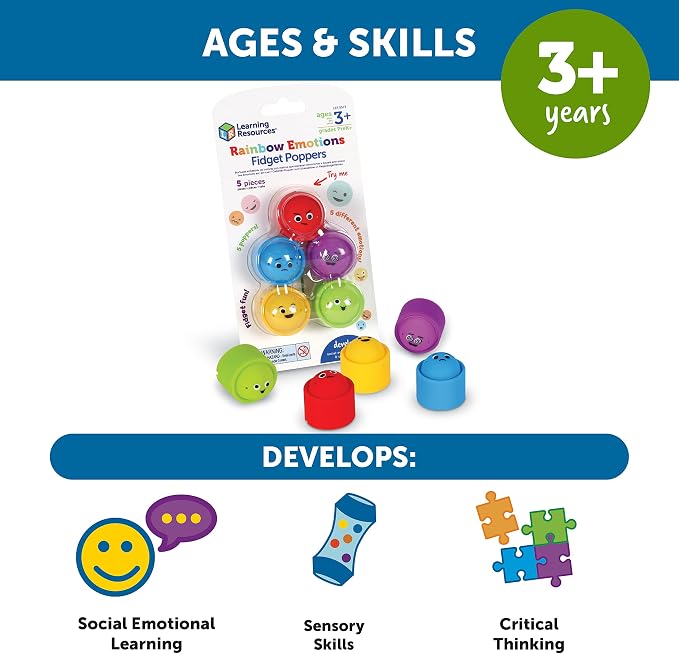 Learning Resources Rainbow Emotion Fidget Poppers, Sensory Toys, Social-Emotional Learning ,Sensory Toys for Toddlers, SEL Skills,Fine Motor Skills, Ages 3+,5 Pieces