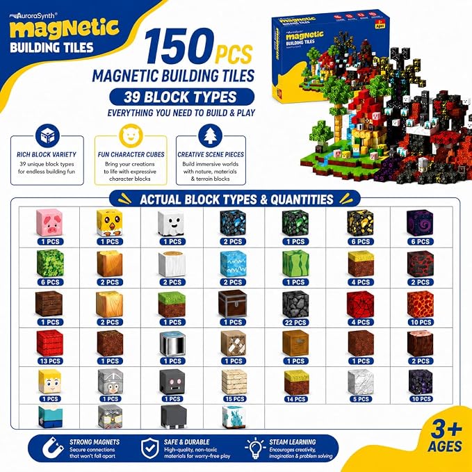 Magnetic Building Blocks 150PCS, 0.8in Stacking Cubes STEM Toy Kids Ages 3+ | Magnet Toys for Kids, Stacking Construction Magnets, School STEM Toys Birthday for Boys & Girls